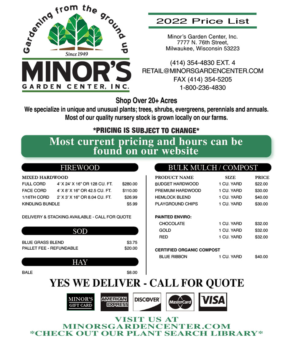 Minor's Garden Center Retail Prices 2022